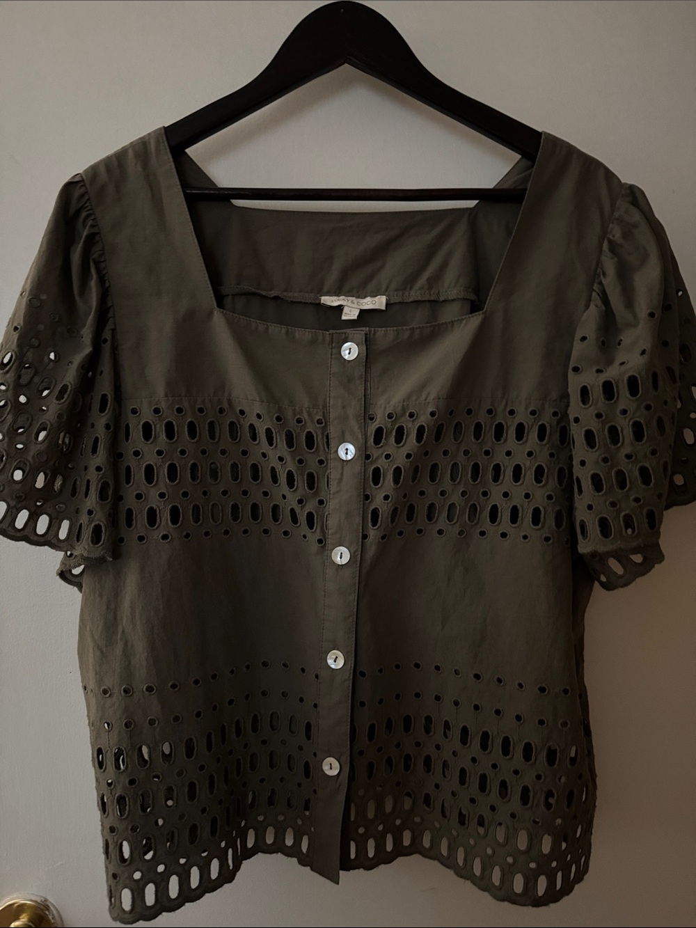 Square-Neck Olive Eyelet Button-Down Top